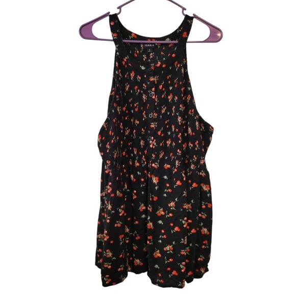 Torrid Babydoll Rayon Crepe Smocked Cherry Print Black Sleeveless Top Size 4X - Picture 2 of 8